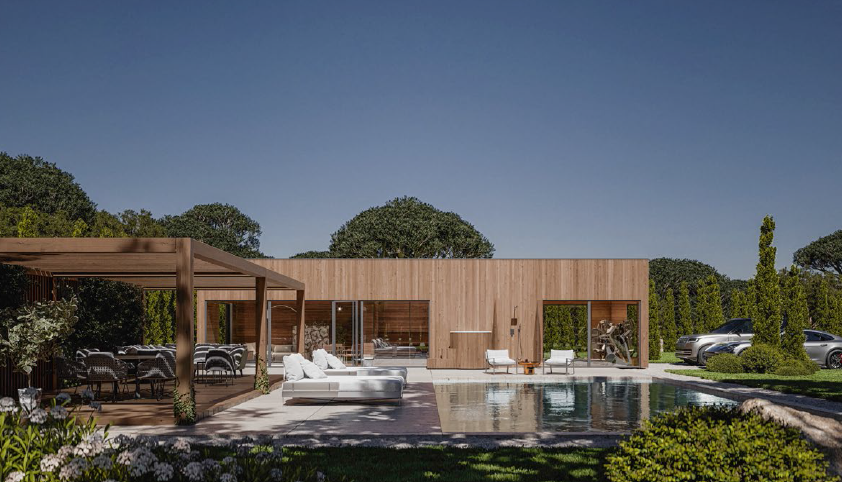 Log cabin exterior with warm interior lighting