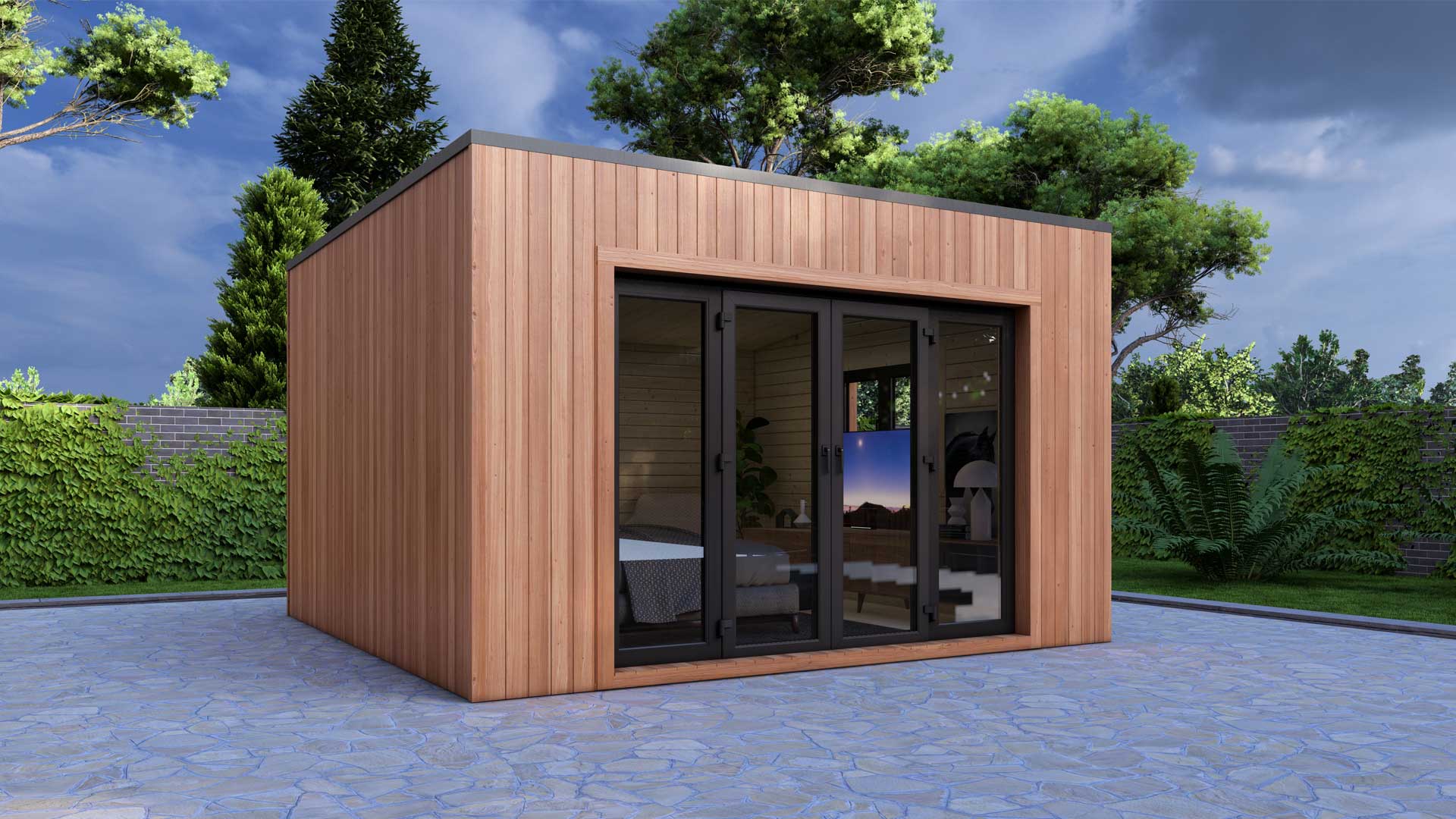 Garden log cabin with outdoor seating